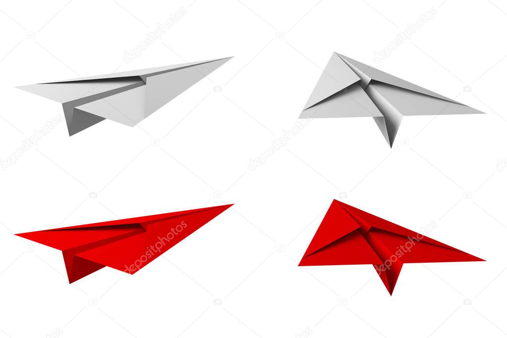 White and red paper airplane isolated on white background in education or travel concept. Mock up design. 3d abstract illustration