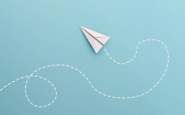 Eğitim veya seyahat kavramı mavi zemin üzerine izole beyaz kağıt uçak yol ve yol hattı. Tasarım kadar alay et. 3D soyut illüstrasyon