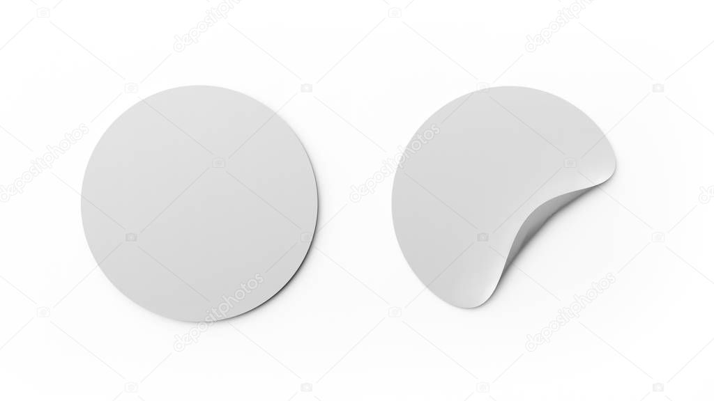 Blank white round stickers or tag template isolated on white background. Mock up design. 3d abstract illustration. Empty circle labels.