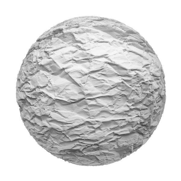 在白色背景上查出的球体或球上的皱巴巴的白纸 模拟设计 抽象例证 — 图库照片