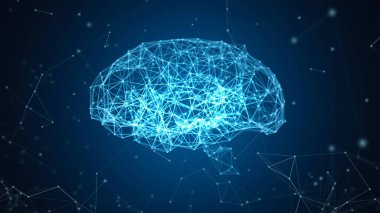 Dijital veri ve ağ bağlantısı insan beyninin yapay zeka teknoloji ve tıp kavramı şeklinde siyah arka plan üzerine izole. Hareket grafik. 3D soyut illüstrasyon