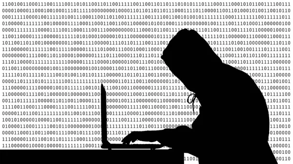 Hacker typing on a laptop with 01 or binary numbers on the computer screen on monitor background matrix, Digital data code in security technology concept. Human shape abstract illustration