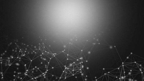 Белые цифровые компьютерные данные и сети связи треугольных линий и сфер в футуристической технологии концепции на черном фоне. Абстрактная графическая иллюстрация
