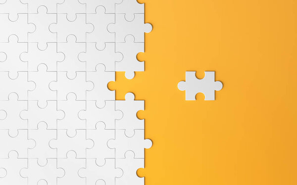 Головоломка, текстура шаблона с пространством в стратегии и решение концепции успешного партнерства командного бизнеса на оранжевом фоне. Трехмерная абстрактная иллюстрация
