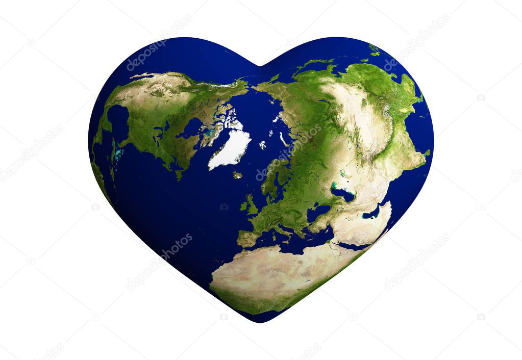 Heart shaped earth with world map isolated on white background. 3d abstract illustration. Elements of this image furnished by NASA