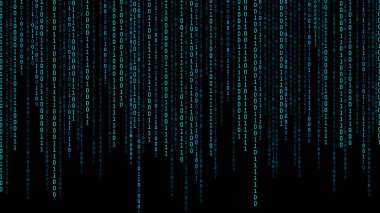 01 veya ikili sayı monitör matris arka plan bilgisayar ekranında, sayısal veri kodunda hacker ya da emniyet güvenlik teknoloji kavramı üzerine. Soyut illüstrasyon