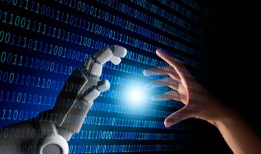 İnsan ve robot el ile ikili sayı kodu ve mavi ekran arka plan, yapay zeka, Ai, fütüristik dijital teknoloji kavramı, 3d çizim ışık