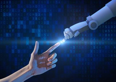 İnsan ve robot el ile ikili sayı kodu ve mavi ekran arka plan, yapay zeka, Ai, fütüristik dijital teknoloji kavramı, 3d çizim ışık