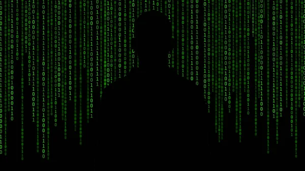 黑客站在电脑屏幕上的01或二进制数字上监控背景矩阵 数字数据代码中的安全保障技术概念 — 图库照片