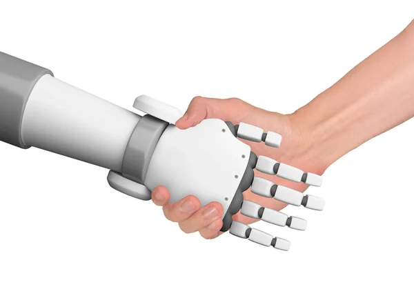 Human Robot Handshake Empty Space White Background Artificial Intelligence Futuristic — Stock Photo, Image