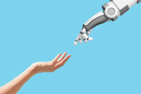 Human hand and robot hand with empty space on blue background, artificial intelligence, AI, in futuristic digital technology and business concept, 3d illustration