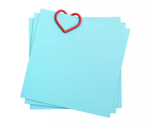 Prázdné Blue Dopisní Papír Červené Srdce Tvar Sponky Izolovaných Bílém — Stock fotografie