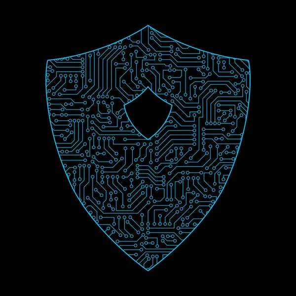 Safety circuit board shield icon for protecting password on black background in digital data code and security technology concept. Abstract illustration