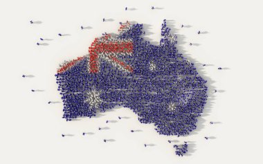 Avustralya harita ve ulusal bayrak beyaz arka plan üzerinde sosyal medya ve iletişim konsepti oluşturan insanların büyük grup. 3D işareti simgesi kalabalık şekil yukarıdan bir araya