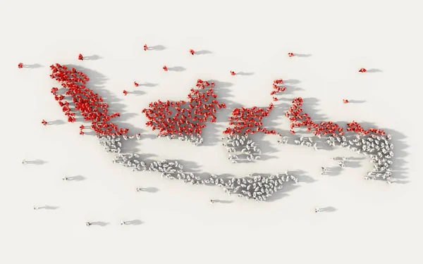 白い背景のソーシャル メディア コミュニケーション コンセプト形成インドネシア地図 国旗大人数 上から群集図の の記号を集めた — ストック写真