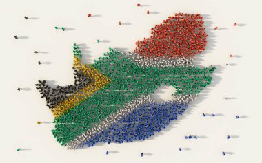 Güney Afrika harita ve ulusal bayrak beyaz arka plan üzerinde sosyal medya ve iletişim konsepti oluşturan insanların büyük grup. 3D işareti simgesi kalabalık şekil yukarıdan bir araya