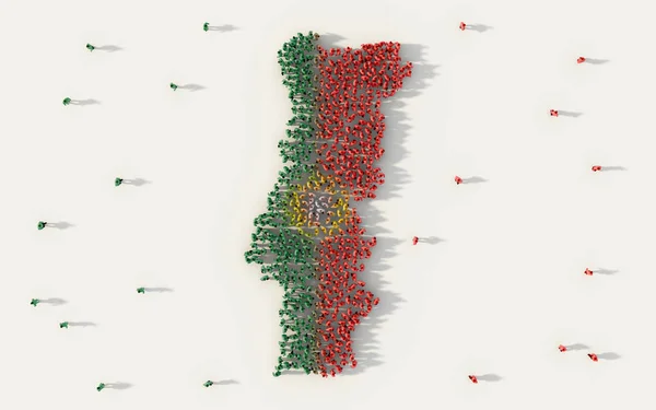 Μεγάλη ομάδα ανθρώπων που σχηματίζουν χάρτη της Πορτογαλίας και εθνική σημαία στο κοινωνικής media και κοινοτική έννοια σε άσπρο φόντο. συγκέντρωσε 3D σύμβολο σύμβολο του πλήθους απεικόνιση από πάνω — Φωτογραφία Αρχείου