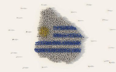 Uruguay Haritası ve ulusal bayrak beyaz arka plan üzerinde sosyal medya ve toplum kavramı oluşturan insanların büyük grup. 3D işareti simgesi kalabalık şekil yukarıdan bir araya