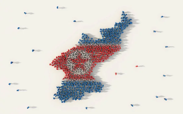 Duża Grupa Ludzi Tworzących Mapę Korea Północna Flaga Narodowa Social — Zdjęcie stockowe