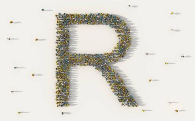 R harfini oluşturan büyük bir grup insan, sosyal medyada büyük harfli İngilizce alfabe metin karakteri ve beyaz arka planda topluluk kavramı. Yukarıdan gelen 3D kalabalık resminin sembolü