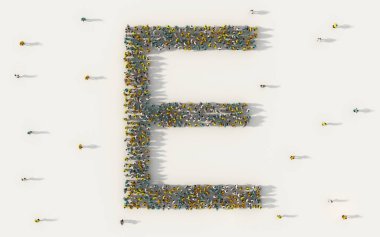 E harfini oluşturan büyük bir grup insan, sosyal medyada büyük harfli İngilizce alfabe metin karakteri ve beyaz arka planda topluluk kavramı. Yukarıdan gelen 3D kalabalık resminin sembolü