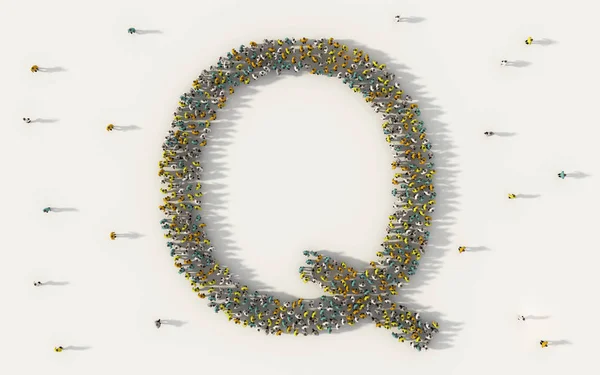 文字Qを形成する人々の大規模なグループ 白の背景にソーシャルメディアやコミュニティの概念で大文字の英語のアルファベットのテキスト文字 上からの群衆イラストの3D記号 — ストック写真