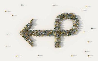 İş, sosyal medya ve toplum kavramı beyaz arka plan üzerinde büyük ok sembolü oluşturan insanların büyük grup. kalabalık illüstrasyon yukarıdan 3D iz bir araya