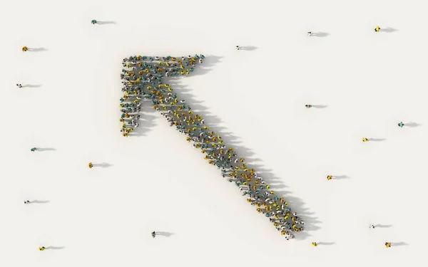 Large group of people forming a big arrow symbol in business, social media, and community concept on white background. 3d sign of crowd illustration from above gathered together