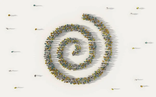 ビジネス ソーシャル メディアとコミュニティ コンセプト ホワイト バック グラウンドでスパイラル シンボルを形成する人々 の大規模なグループ 上から群集図の — ストック写真