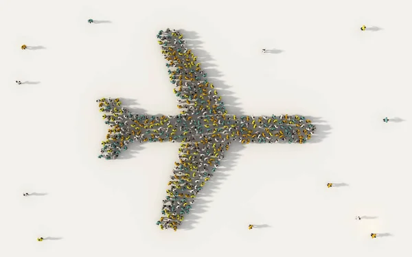 Large group of people forming airplane icon in social media and community concept on white background. 3d sign of crowd illustration from above gathered together