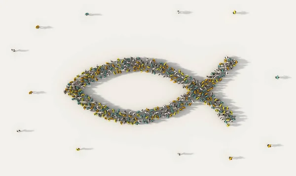 Large group of people forming Jesus Fish symbol in social media — Stock Photo, Image