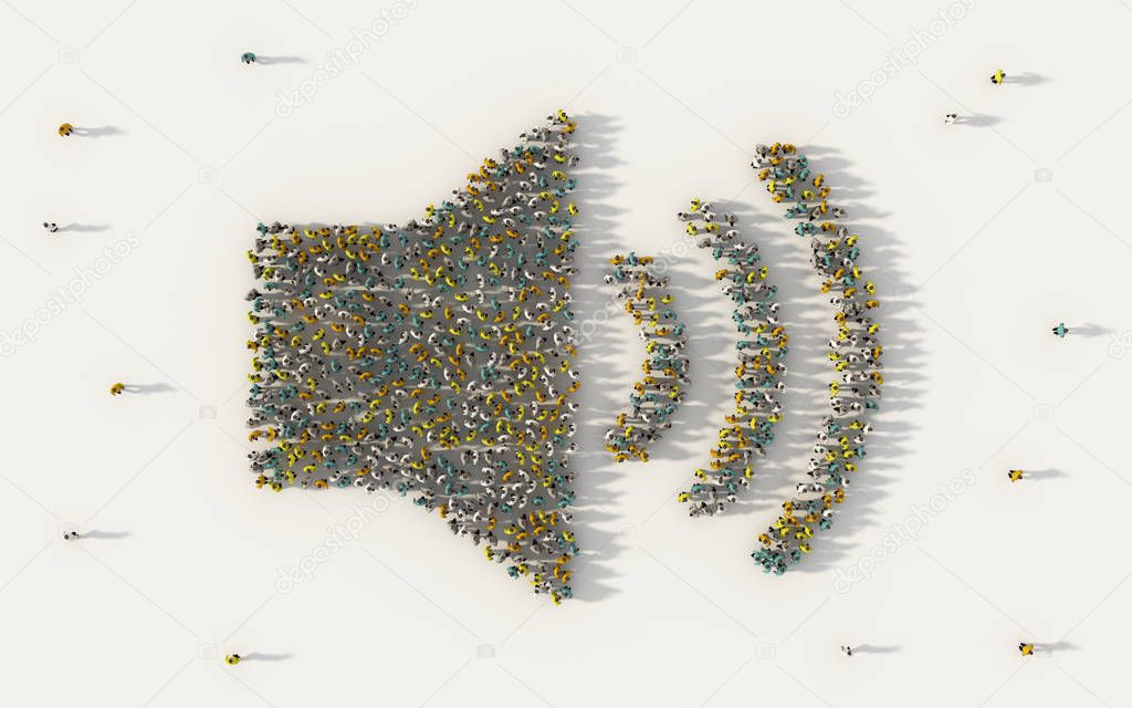 Large group of people forming a speaker symbol in social media a