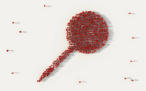 Large group of people forming a red pushpin or thumbtack symbol