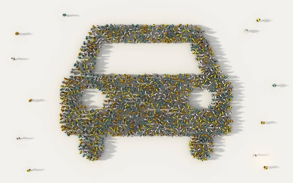 Large group of people forming a car symbol in social media and c