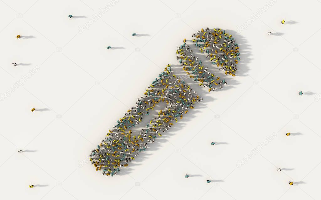 Large group of people forming a microphone symbol in social media and community concept on white background. 3d sign of crowd illustration from above gathered together
