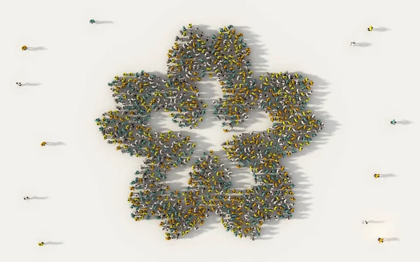 Large group of people forming a flower symbol in social media an