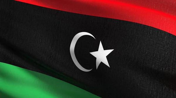 Líbia zászlaja fúj a szél, elszigetelt. Hivatalos patri — Stock Fotó