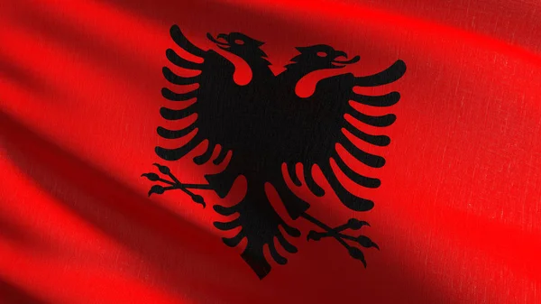 Albaniens flagga blåser i vinden isolerade. Officiella pat — Stockfoto