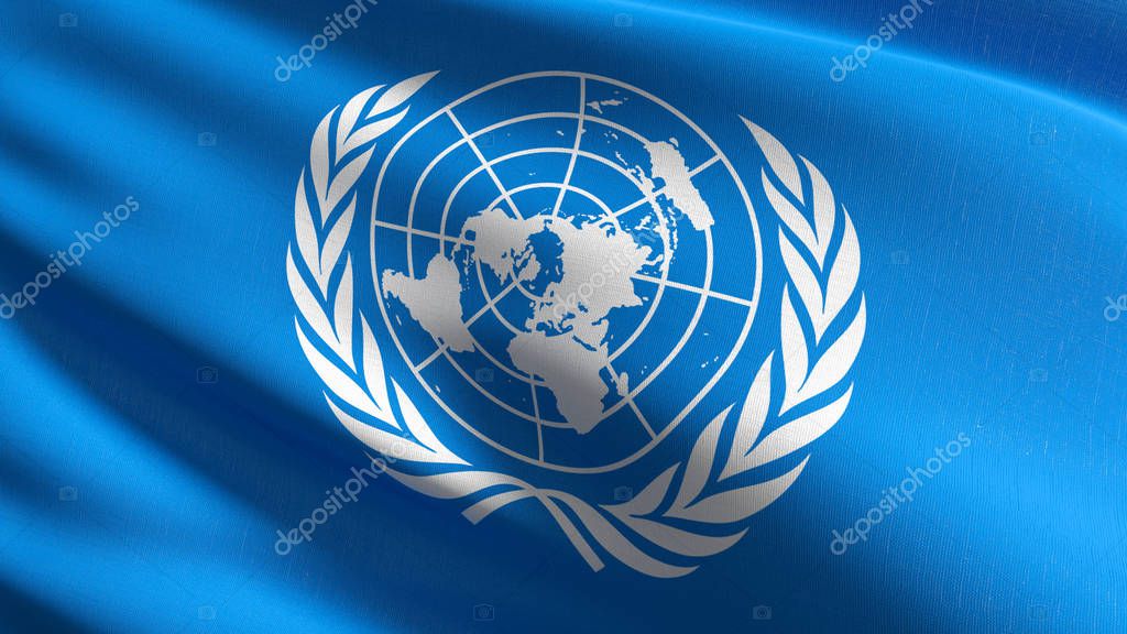United Nations flag blowing in the wind isolated. Official patriotic abstract design. 3D rendering illustration of waving sign symbol.