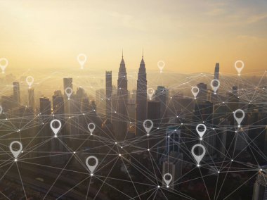 Harita PIN düz, şehir, küresel iş ve ağ bağlantısı 
