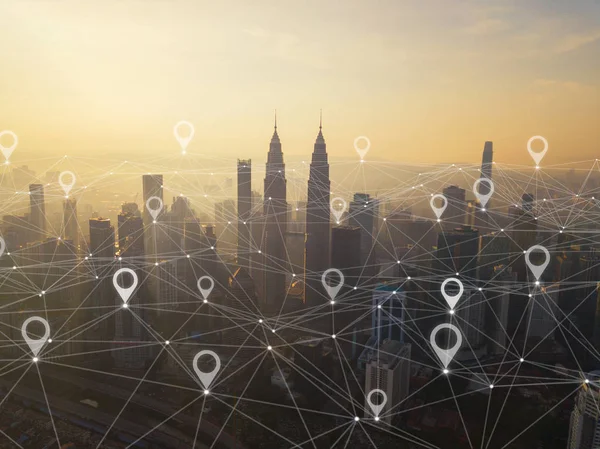Mapa pin plano de ciudad, negocio global y conexión de red en —  Fotos de Stock