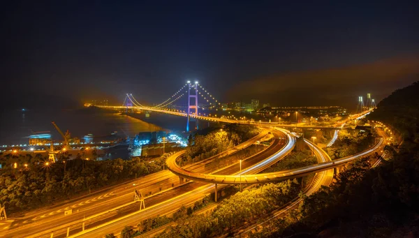 Tsing Ma Bridge. Highways in Hong kong with structure of suspens