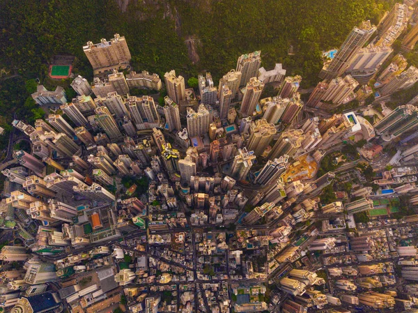 Flyg foto över Hong Kong Downtown, Kina. Finans distriktet och — Stockfoto
