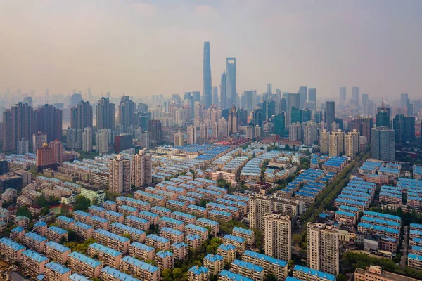 Aerial view of Shanghai Downtown, China. Financial district and — Stock Photo, Image