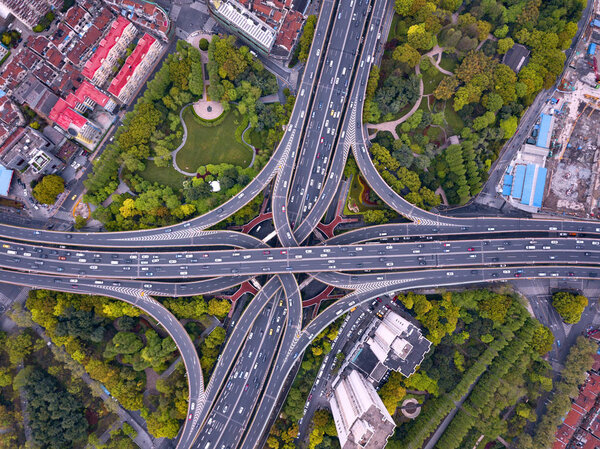 Aerial view of highway junctions shape letter x cross. Bridges, 