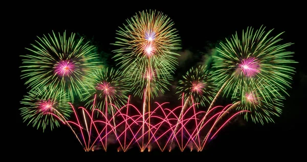 International fireworks festival display at night. Variety of co — Stock Photo, Image