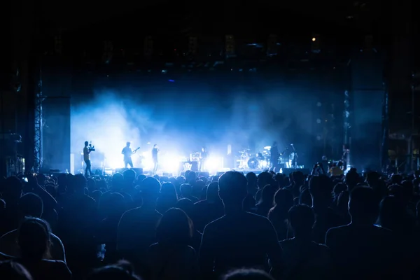 Silhouettes of crowd, group of people, cheering in live music co — Stock Photo, Image