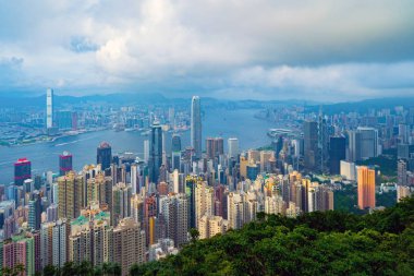 Hong Kong şehir merkezi, Çin Cumhuriyeti havadan görünümü. Finansal 