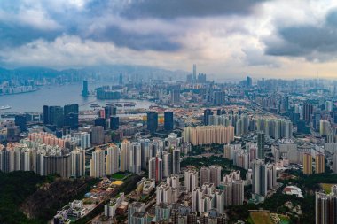 Hong Kong Downtown, Çin Cumhuriyeti havadan üst görünümü. Financ