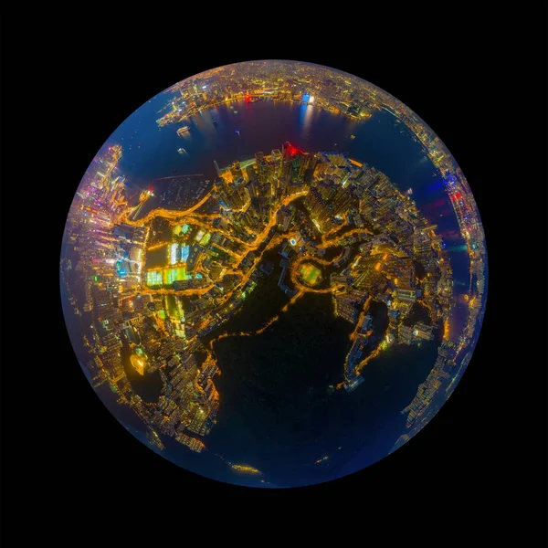 Little planet 360 degree sphere isolated on black. Panoramic vie